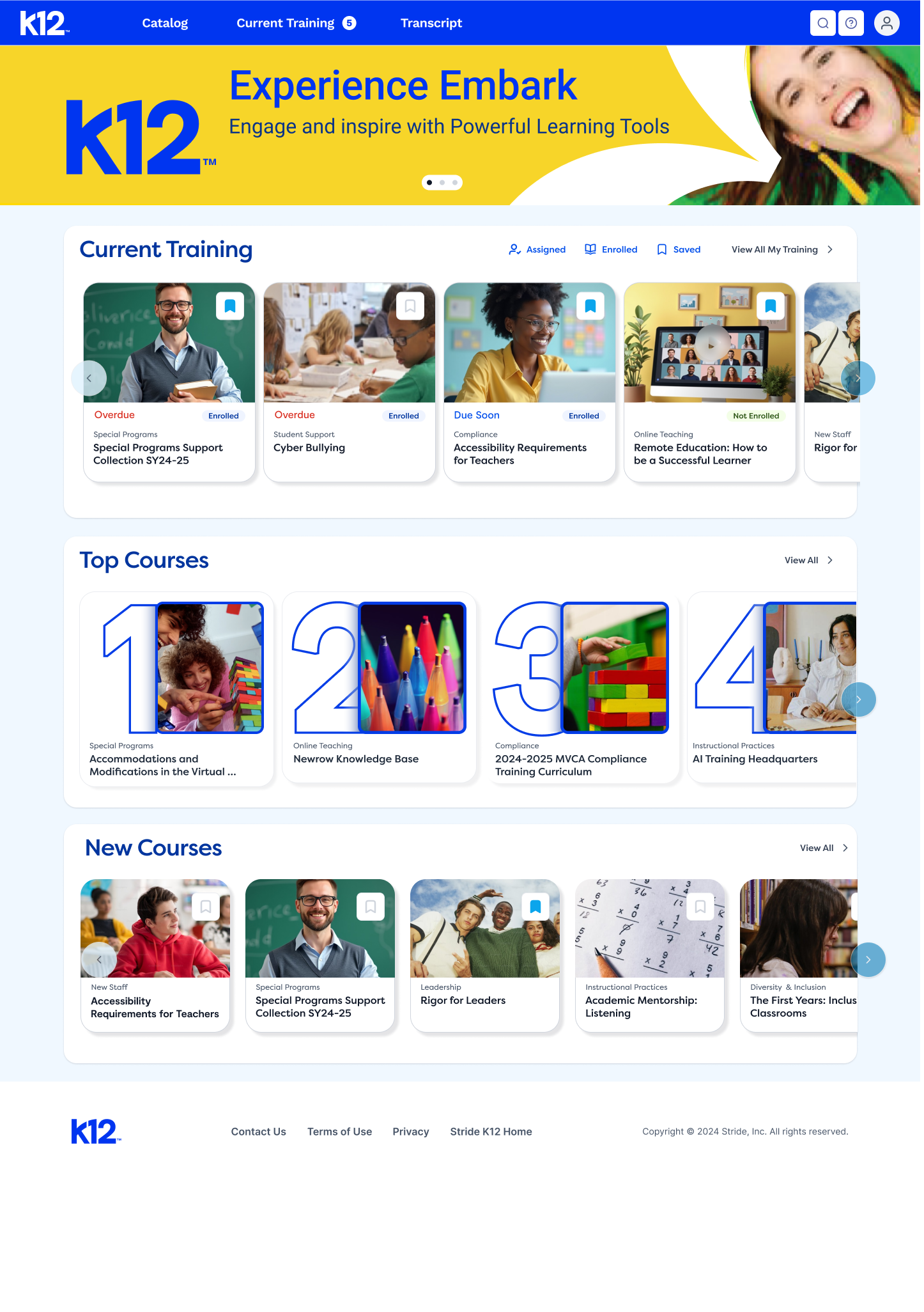 Experience Embark home page: current training, top courses and new courses rows of course cards