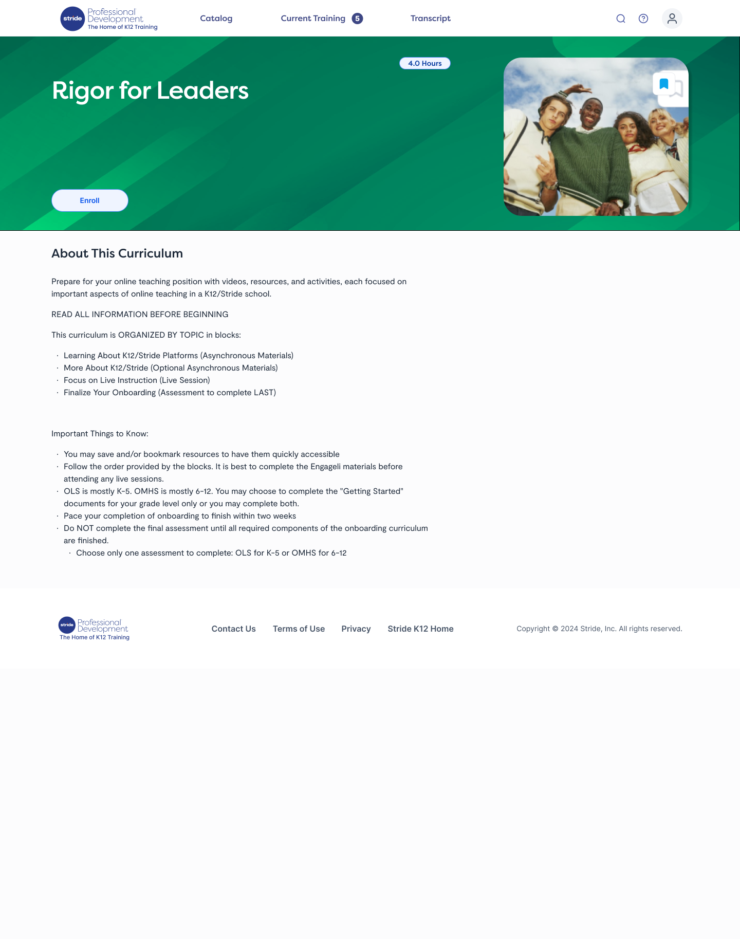 Special Programs Support Collection curriculum page with required and optional topic blocks and an instructor bio