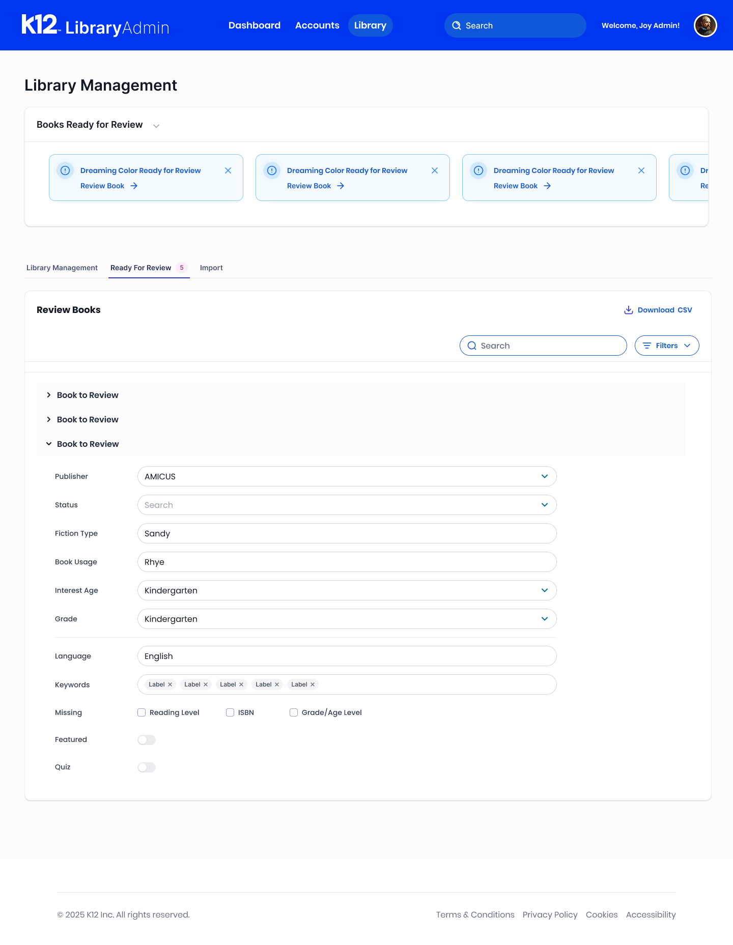 Import tab: import book metadata by CSV or ONIX file, with book contents and metadata matching steps