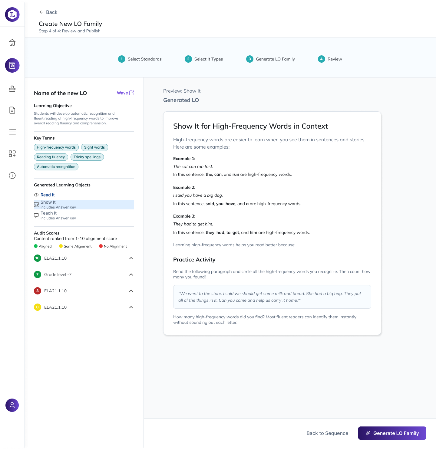 Create New LO Family, step 4: review and publish, with the generated Show It learning object previewed beside audit scores