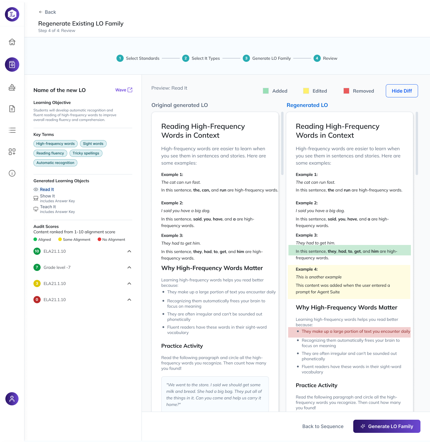 Regenerate Existing LO Family diff view: original and regenerated learning objects side by side with added, edited and removed content highlighted